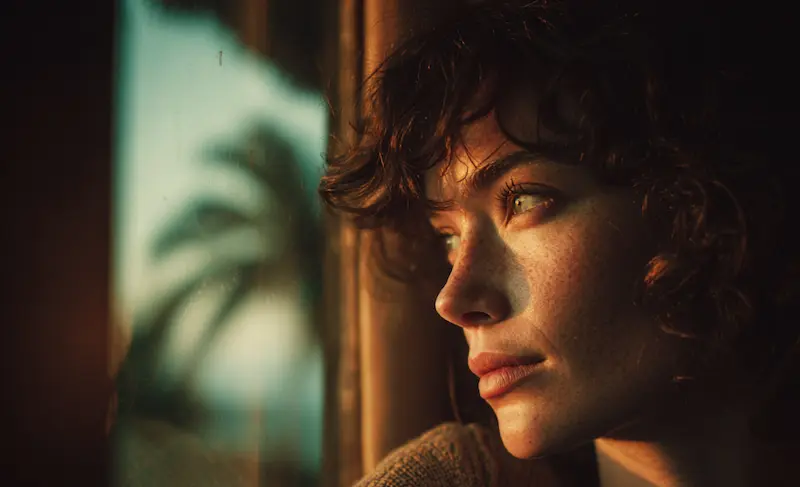 Pensive woman sitting by a window holding a coffee mug in the morning light representing mental health awareness