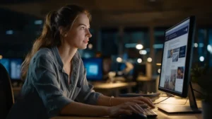 Woman in Front of a Screen with Therapist Search Results. How to Find a Specialized Therapist.