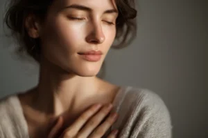 Woman experiencing psychosomatic symptoms including chest tension and emotional distress. When Traditional Therapy Is Not Enough