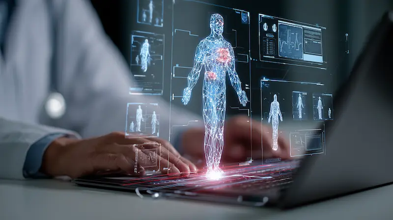 Hybrid scene of a therapist and patient on screen (telehealth) with medical icons and mindful body-scan overlay, conveying coordinated mind‑body care.