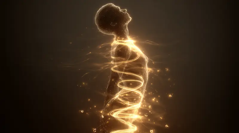 Illustration of a human silhouette with glowing nerves and heartbeat lines, showing stress manifesting as tension in the stomach and shoulders.