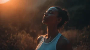 Calm scene of a person practicing grounding breathwork outdoors, soft light, visible calming waves around chest and vagus-nerve motif.