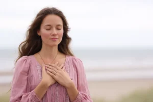 A calm person practicing somatic healing with gentle breathwork, hand placement on the chest, and a soft therapeutic environment.