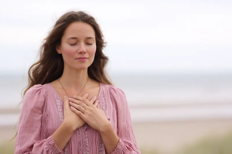 A calm person practicing somatic healing with gentle breathwork, hand placement on the chest, and a soft therapeutic environment.