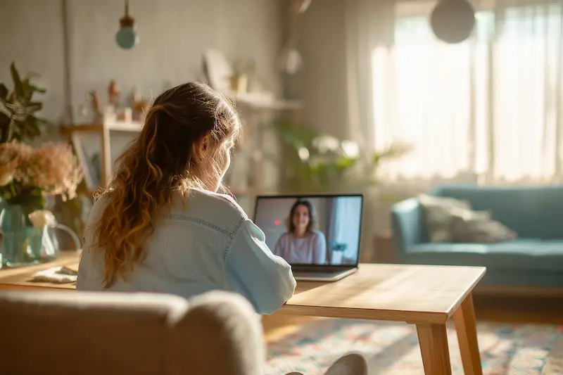 A therapist and client connected through an online session, exploring body awareness, grounding, and gentle trauma healing in a private home setting.