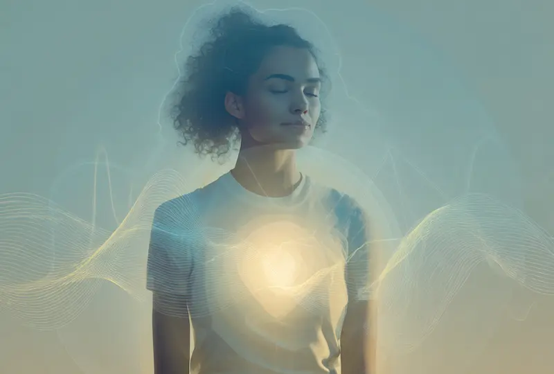 A modern telehealth illustration of somatic therapy, showing a relaxed client, a supportive therapist on screen, and subtle mind-body healing elements.