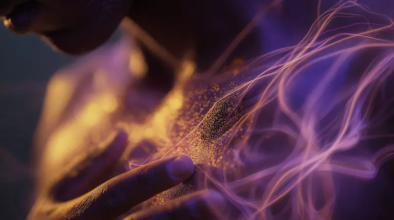 Close-up of hands gently holding a glowing knotted thread inside a translucent torso, symbolizing trauma stored in the body and gentle therapeutic care.