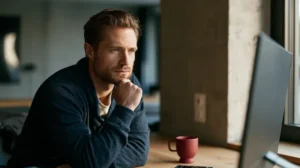 Visual comparison between online therapy and in-person therapy, one person on a video call and another in a counseling office, modern clean style, realistic photography. Imagen 2 — Terapia desde casa
