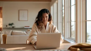 Virtual therapy session at home, person seated with a laptop in a private quiet space, warm atmosphere, natural light.