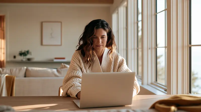 Virtual therapy session at home, person seated with a laptop in a private quiet space, warm atmosphere, natural light.