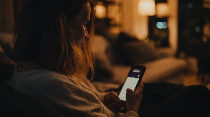 Person sitting alone on a couch looking at their phone with hesitation, symbolizing the fear of seeking counseling