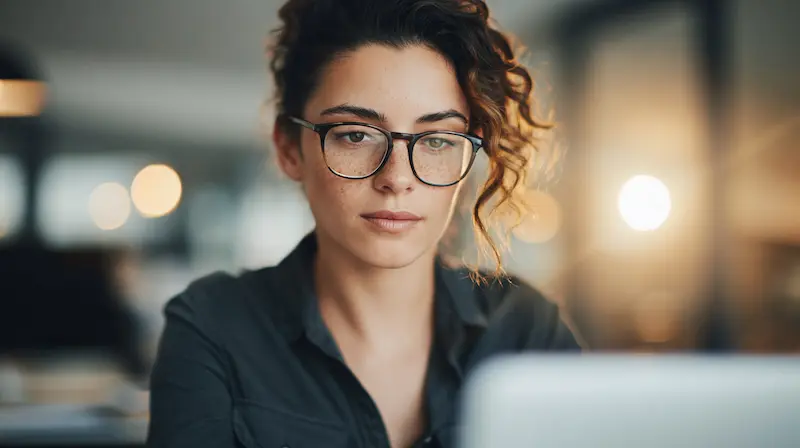 Professional woman sitting alone at her office desk with a forced smile, symbolizing the invisible struggle of mental health