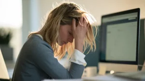 hand on neck shoulder tension, person stretching at desk, tired professional, natural light, close-up