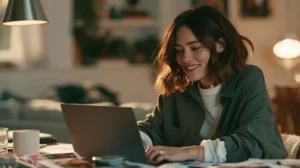 woman on laptop video call, home office, tea cup, relaxed smile, natural light, bilingual