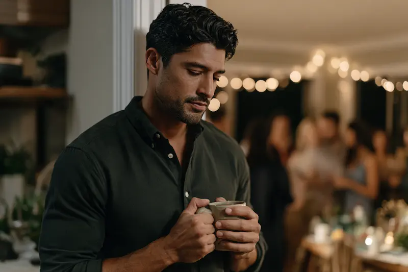 Man holding a mug at the edge of a gathering while his friends talk, a sign of social anxiety