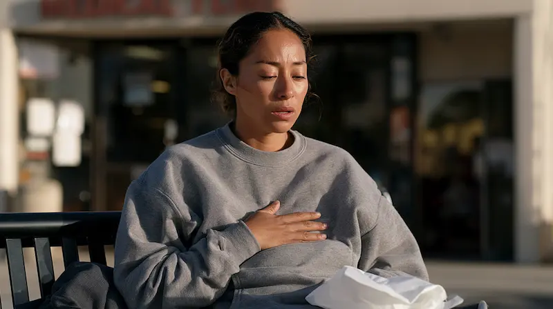 Woman sitting outside a clinic with her hand on her chest after normal test results, feeling physical symptoms of anxiety