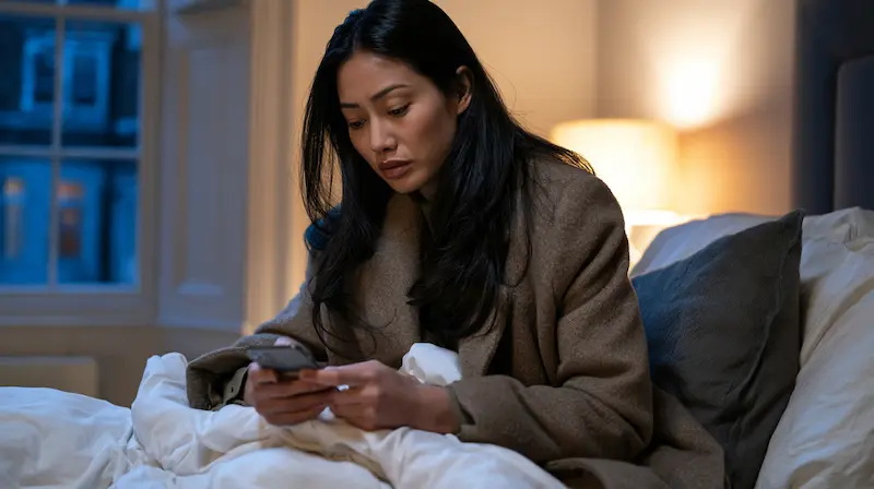 Young woman dressed to go out, sitting on her bed and looking at her phone as she considers canceling plans, a common moment of social